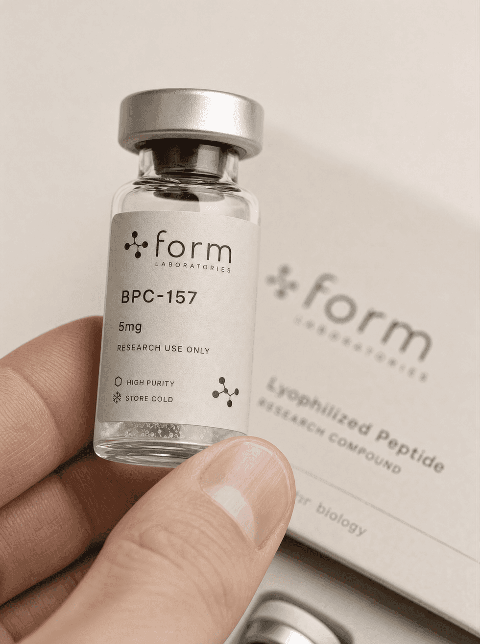 Close-up of a Form Laboratories freeze-dried peptide vial